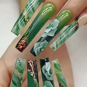 24 Pcs Set Long Coffin Press On Nails Floral Green Full Cover Acrylic Fake NIB